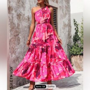 Pink floral maxi dress one shoulder 🩷🌷🌺🌸